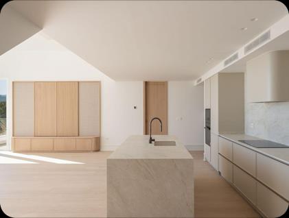 Magna 191, minimalist kitchen with stone island and oak joinery