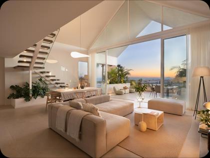 Magna 192, double-height living room with open staircase and sea views
